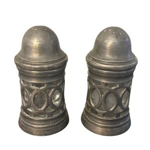 Vintage Italian Pewter and Glass Salt and Pepper Shakers Set Made in Italy 3.5"